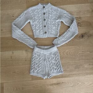 EGO Sweater Set Cable Knit Shorts and Cardigan Size S Tan